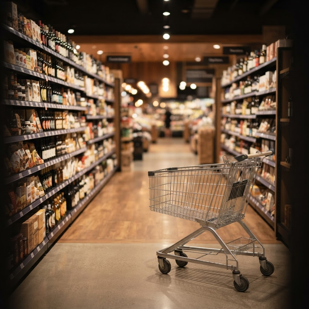 A shopping cart in a well-stocked modern grocery retail aisle