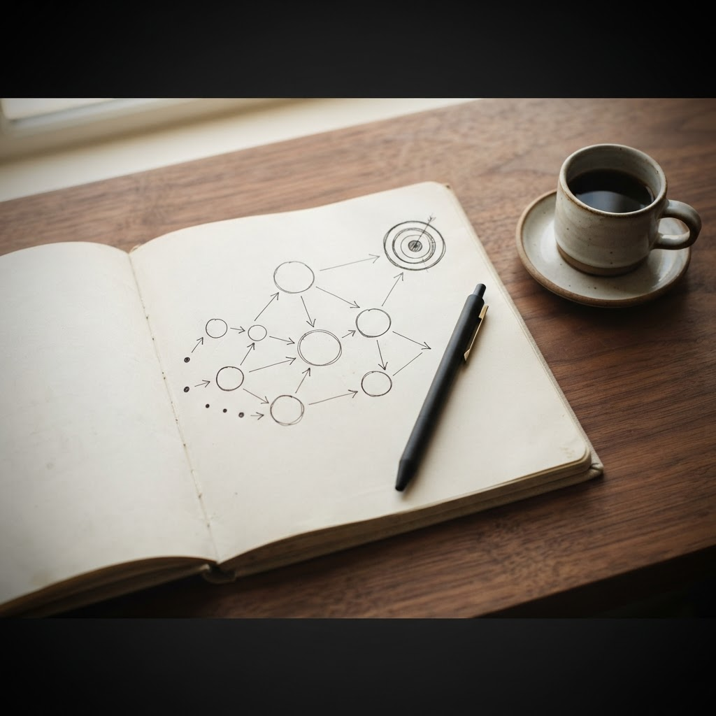 A hand-sketched strategic roadmap of connected steps leading toward a target bullseye