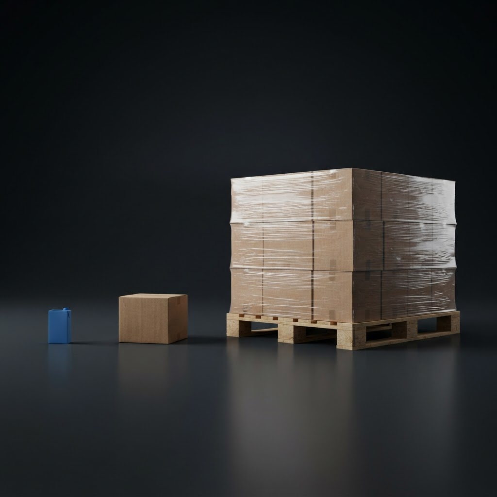 A single product unit rolling up into a case and then a full pallet, illustrating unit economics scaling from one unit to an entire book of business