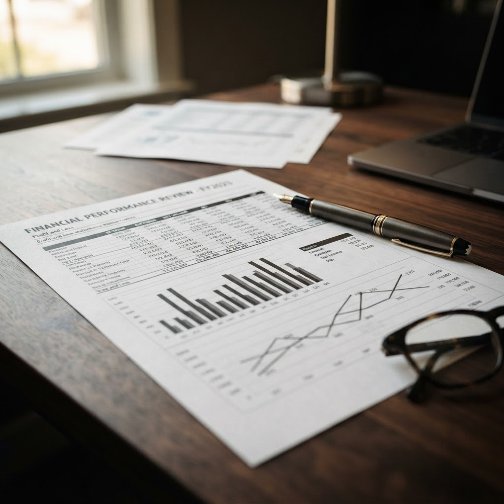 Printed financial statements, spreadsheets, and charts spread across a wooden desk